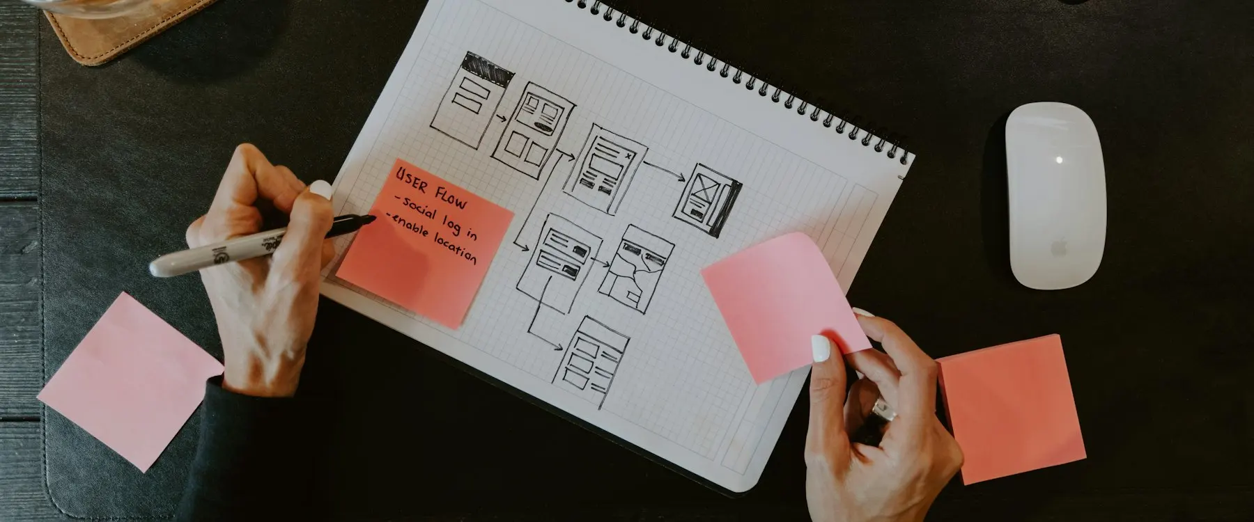 Croquis d’interface dessinés à la main sur un carnet
