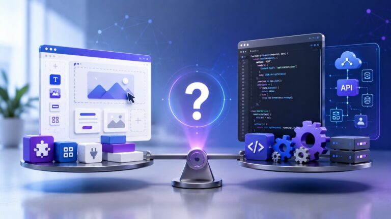 Développement web sur mesure vs CMS illustrant la comparaison entre une solution personnalisée et un système de gestion de contenu pour un projet web.