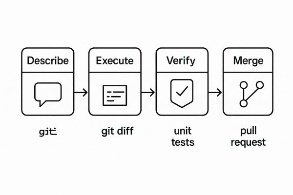 Processus de développement assisté par IA : étapes Describe, Execute, Verify et Merge avec git diff, tests unitaires et pull request.